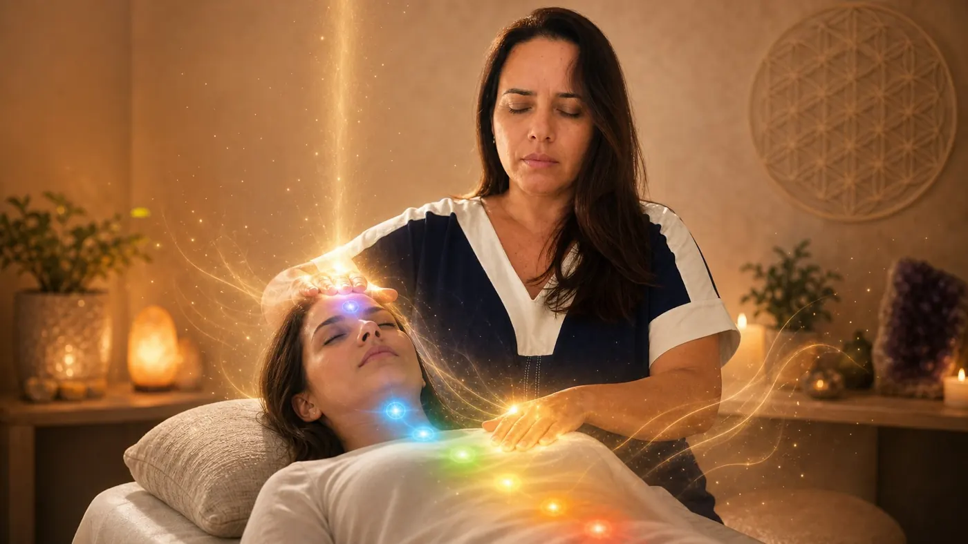 Sessão de terapia energética com luz sobre a cliente