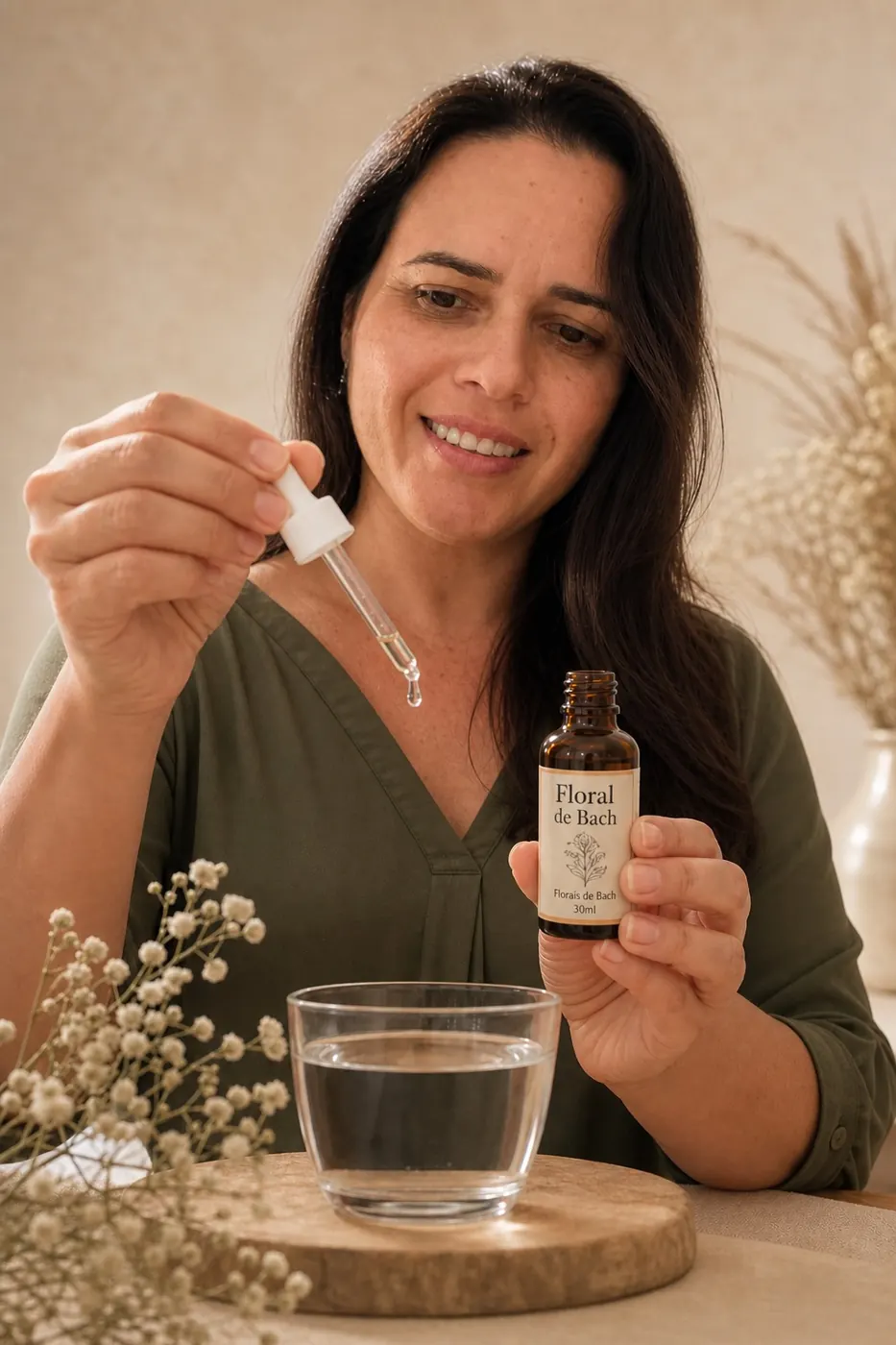 Verena pingando floral de Bach em um copo com água
