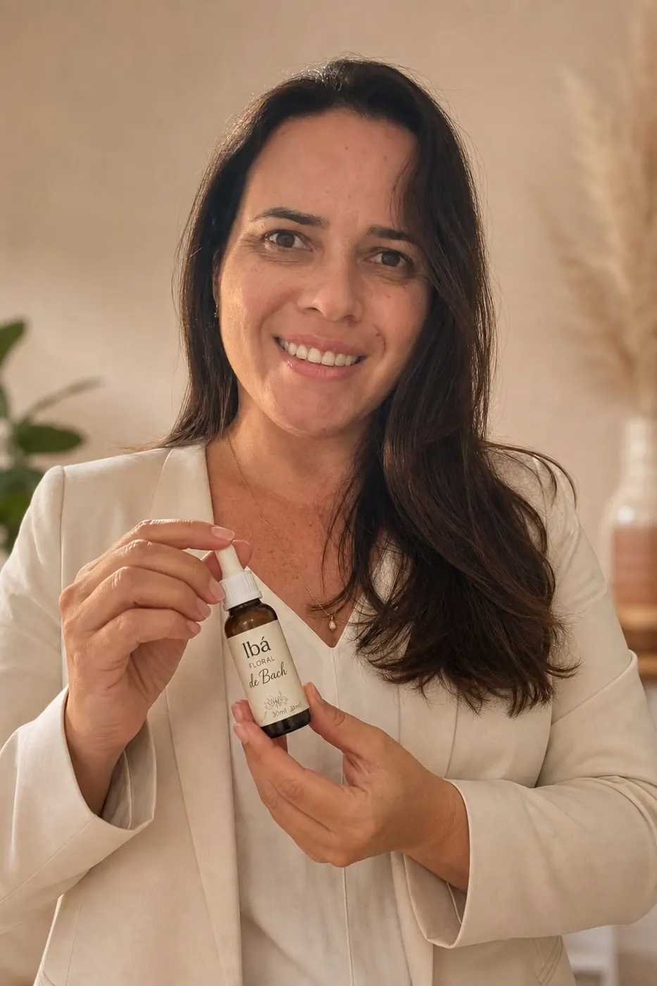 Verena segurando um frasco de floral de Bach