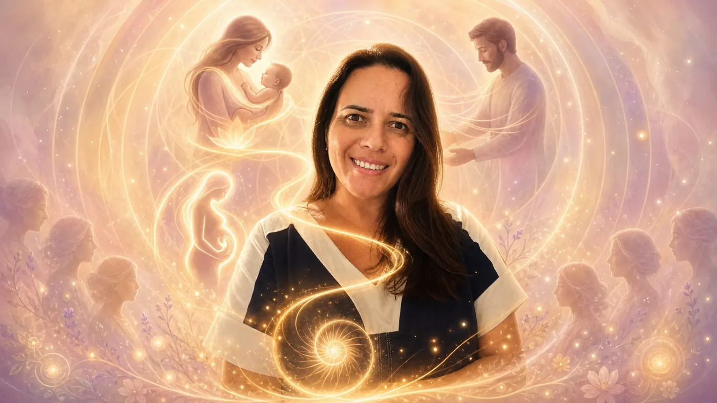 Ilustração simbólica de mãe, bebê, gestação e família envolvidos por luz dourada