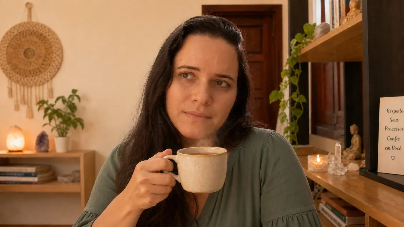 Verena tomando um chá em um ambiente acolhedor, com a frase Respeite seus processos, confie em você