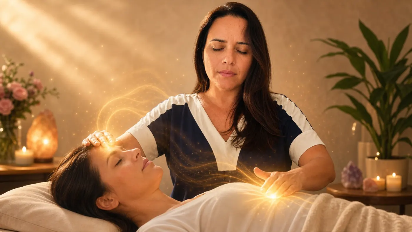 Verena em sessão de terapia energética, com as mãos sobre a cliente