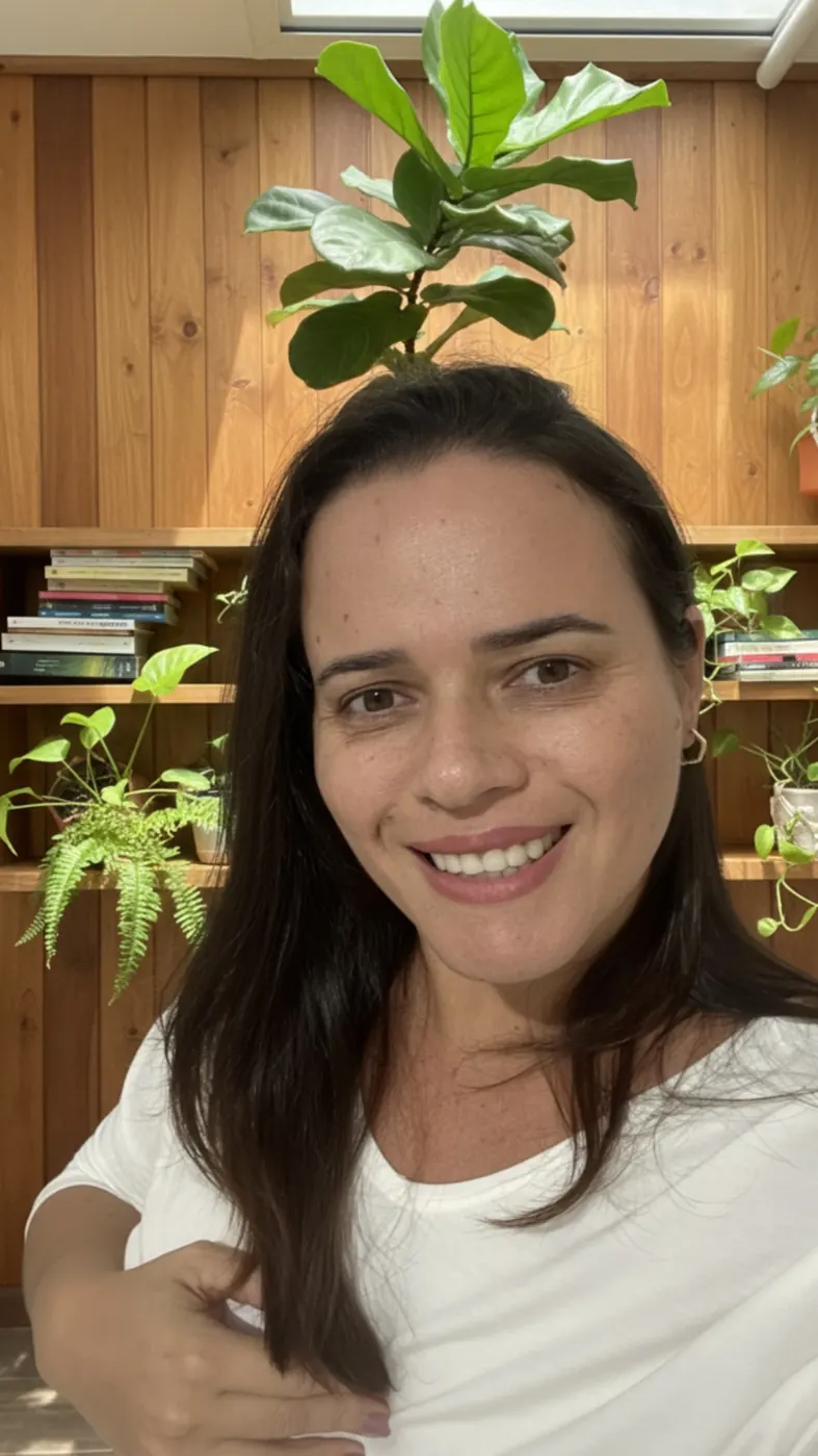 Verena Lanza em casa, entre plantas e livros